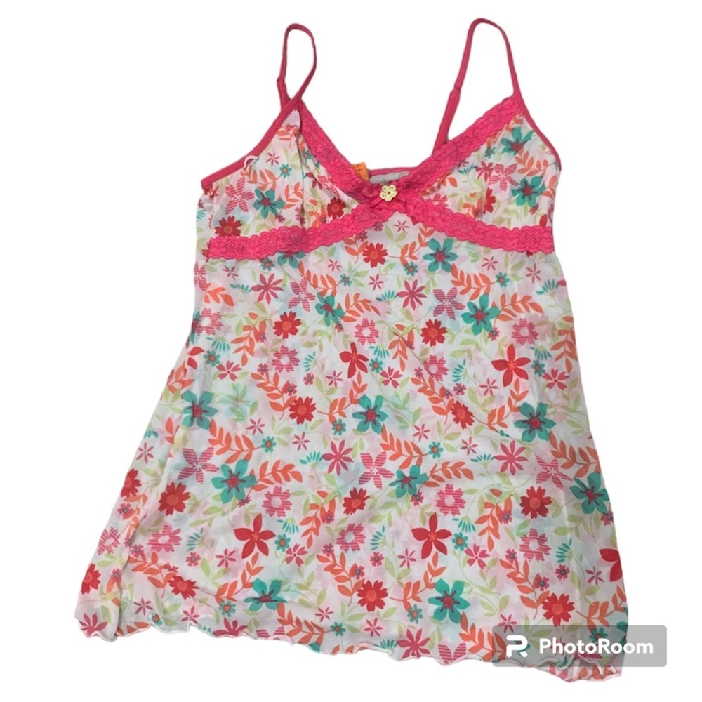 Biatta Sleepwear Y2k Sheer Mesh Cami with Hot Pink Ribbon & Flower Print, Size M